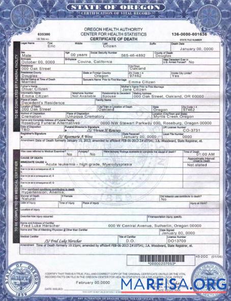 Downloadable USA Oregon death cert download for verification